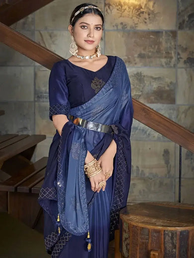 Alluring Navy Blue Swaroski Diamond Silk Party Wear Saree For Women